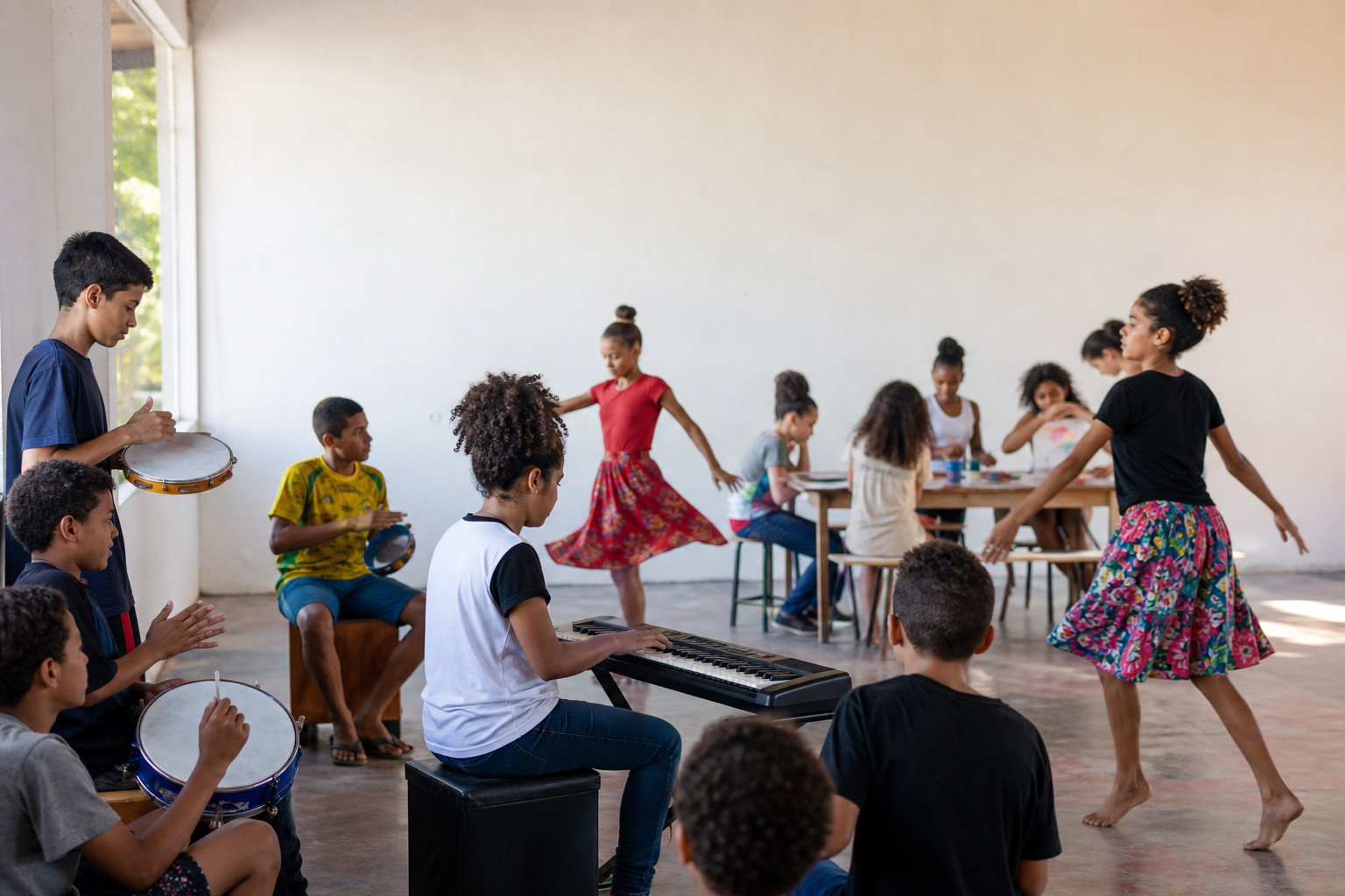 Imagem ilustrativa de jovens em oficina de música, dança e artes